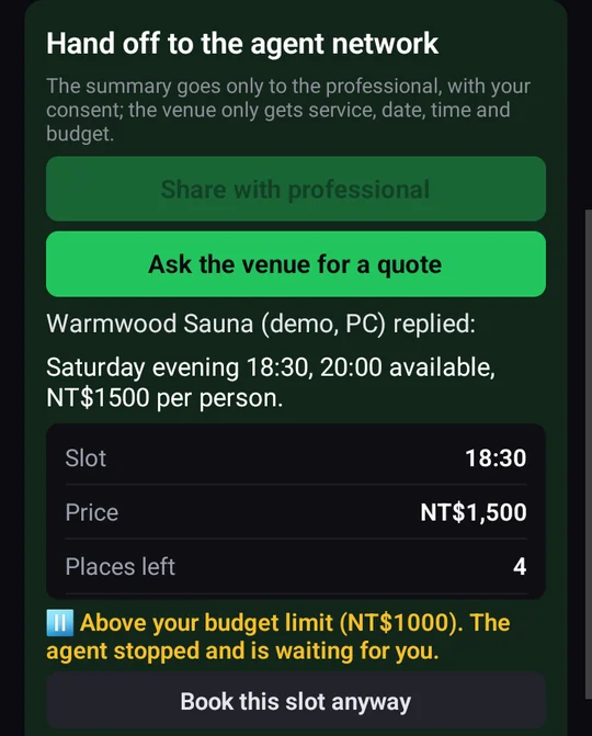 Personal agent screen: the venue quoted NT$1,500 for a massage, above the NT$1,000 budget. The agent stopped and is waiting for the person to decide.