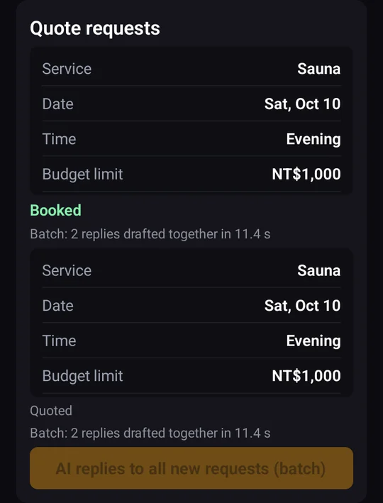 Venue agent screen: two sauna requests for Saturday evening with a budget of NT$1,000. One is booked and one is quoted. Two replies drafted together in 11.4 seconds.